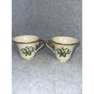 Lenox Holiday Dimension Footed Cups Set of 2 Vintage Holly Berries 24K Gold Trim